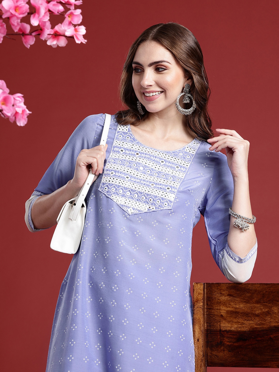 

Anouk Ethnic Motifs Embroidered Regular Mirror Work Kurta With Trousers, Lavender