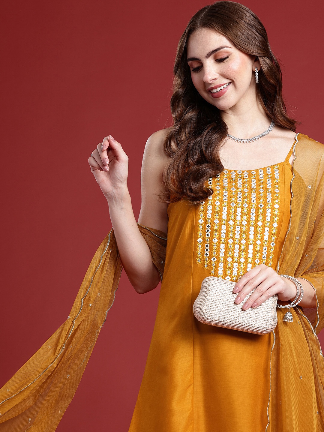 

Anouk Ethnic Motifs Embroidered Shoulder Straps A-Line Kurta With Palazzos & With Dupatta, Mustard