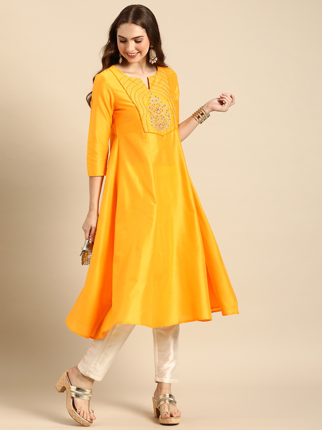 

Anouk Yoke Design Embroidered A-Line Kurta, Yellow