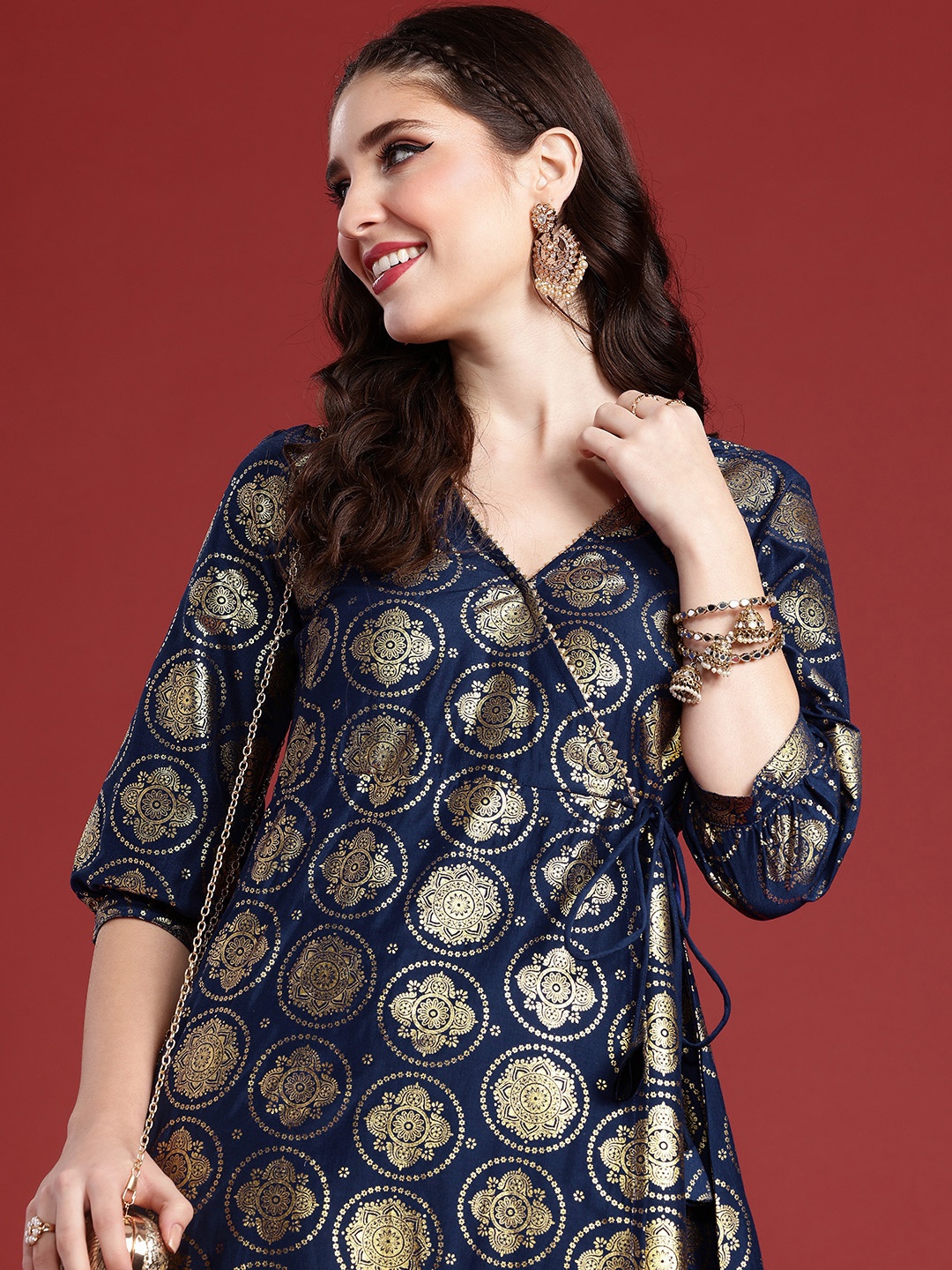 

Anouk Ethnic Motifs Foil Printed Wrap Style A-Line Midi Ethnic Dress, Navy blue