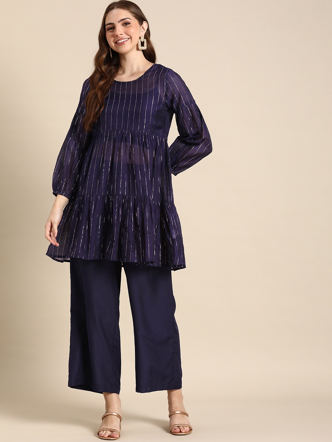 

Anouk Women Round Neck Striped & Tiered Kurta & Palazzos With Inner Slip, Navy blue