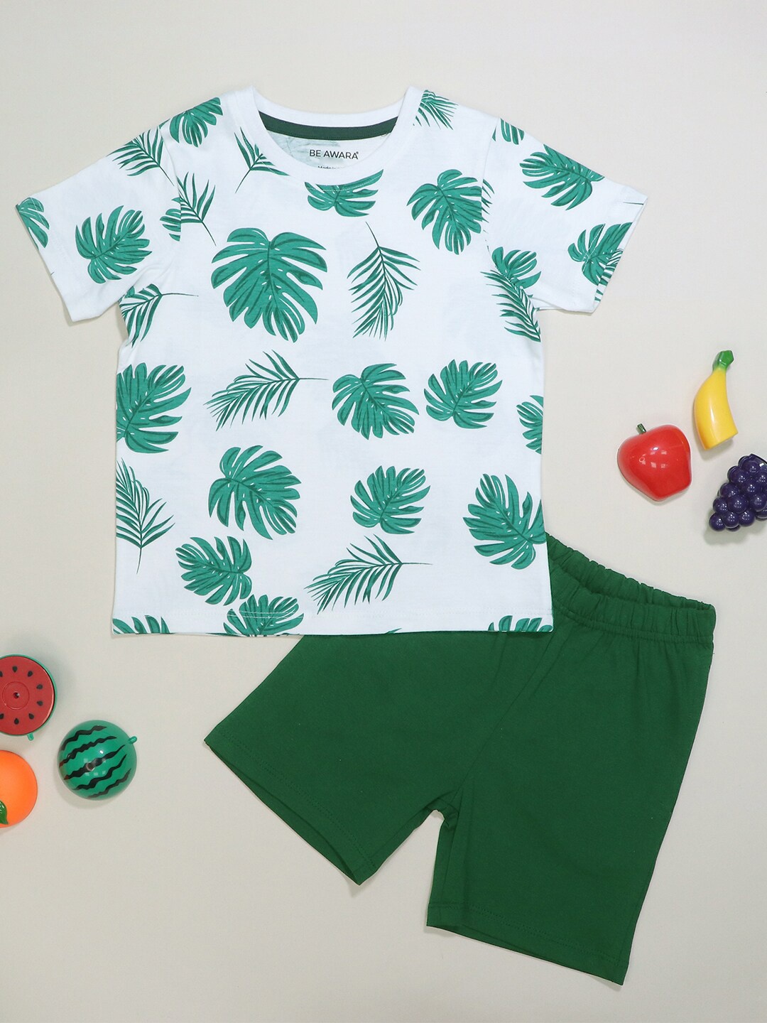 

BE AWARA Unisex Kids Printed Pure Cotton T-shirt with Shorts, Green