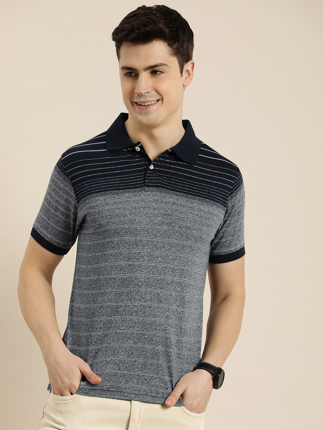 

HERE&NOW Men Colourblocked Polo Collar T-shirt, Navy blue