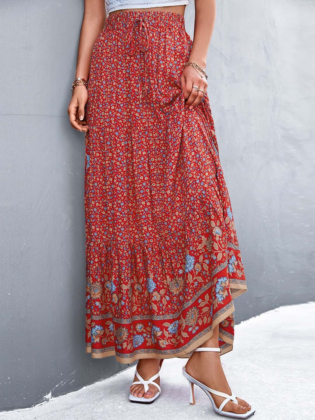 

StyleCast Red Floral Printed Flared Maxi Skirt