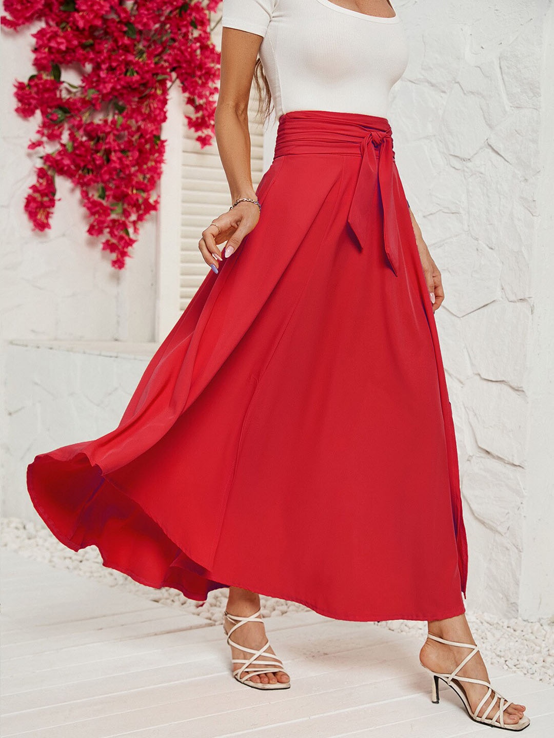 

BoStreet Red Asymmetric Hem Flared Maxi Skirt