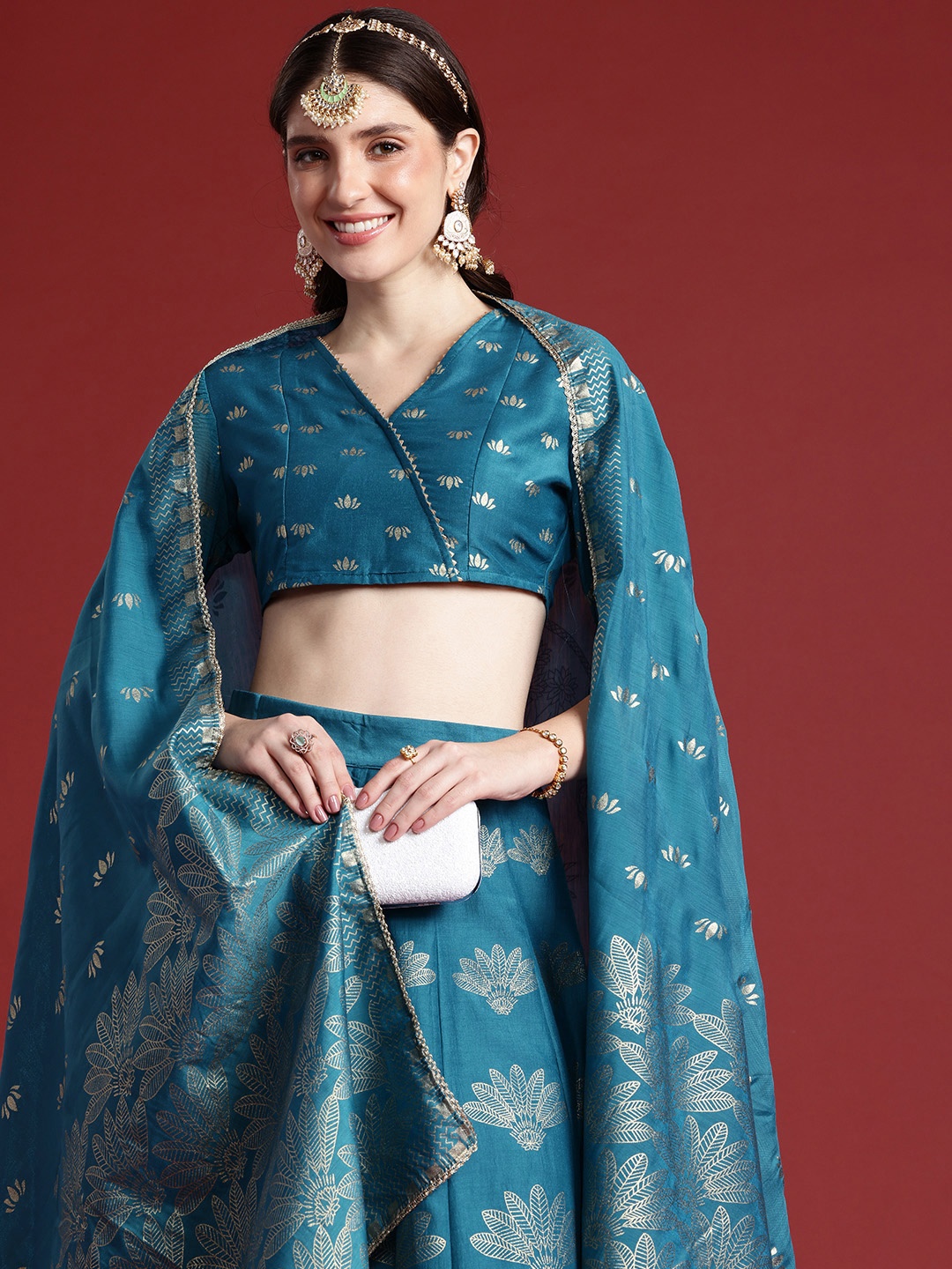 

Anouk Ethnic Printed Ready to Wear Lehenga & Blouse With Dupatta, Teal