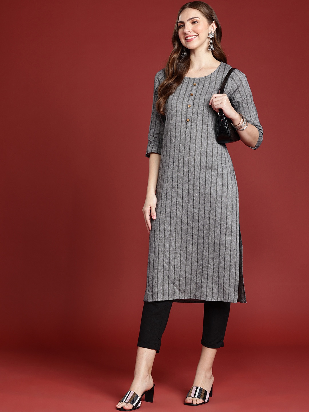 

Anouk Woven Striped Kurta, Grey