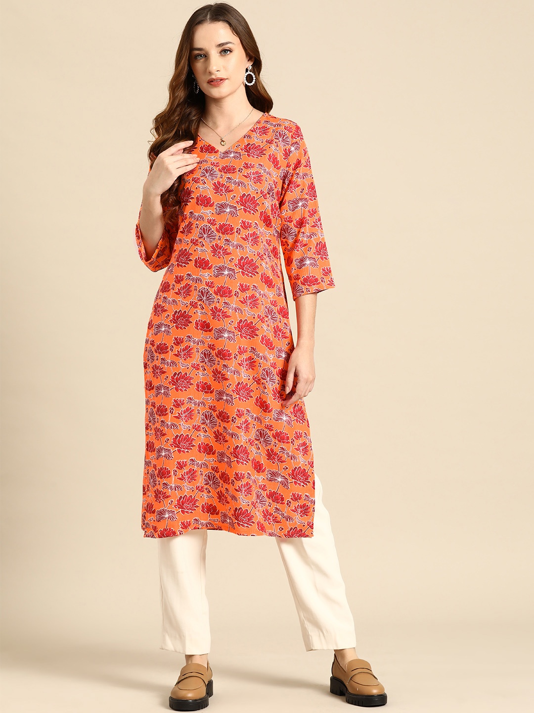 

Anouk Floral Print Straight Kurta, Orange