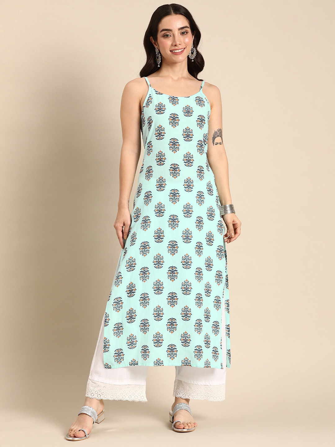 

Anouk Shoulder Straps Floral Printed Straight Kurta, Blue