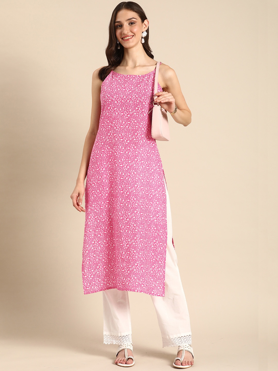 

Anouk Shoulder Straps Floral Printed Straight Kurta, Pink