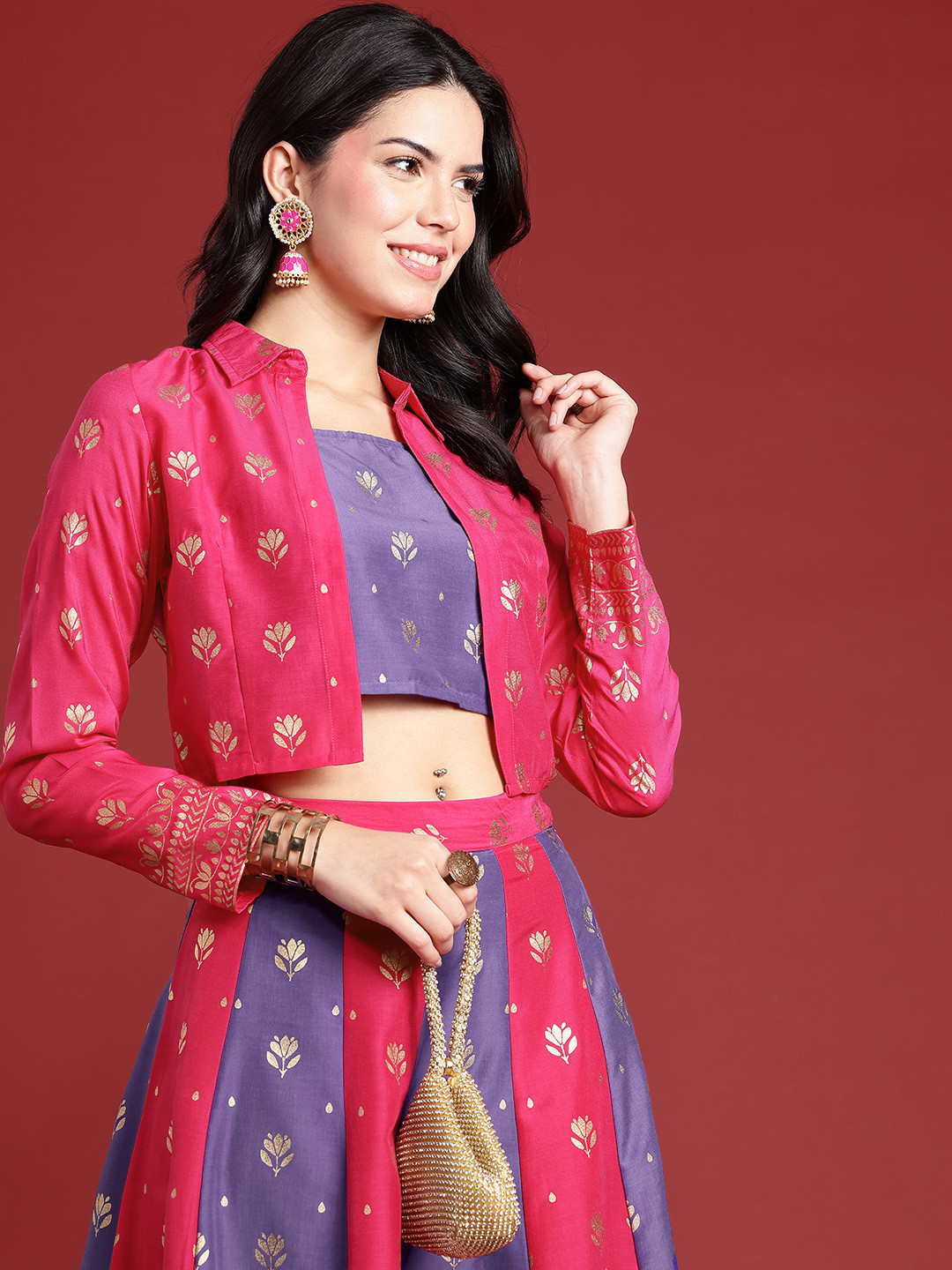 

Anouk Woven Design Ready to Wear Lehenga & Choli With Jacket, Pink