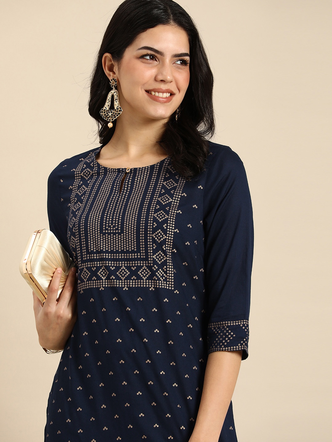 

Anouk Geometric Printed Straight Kurta, Navy blue