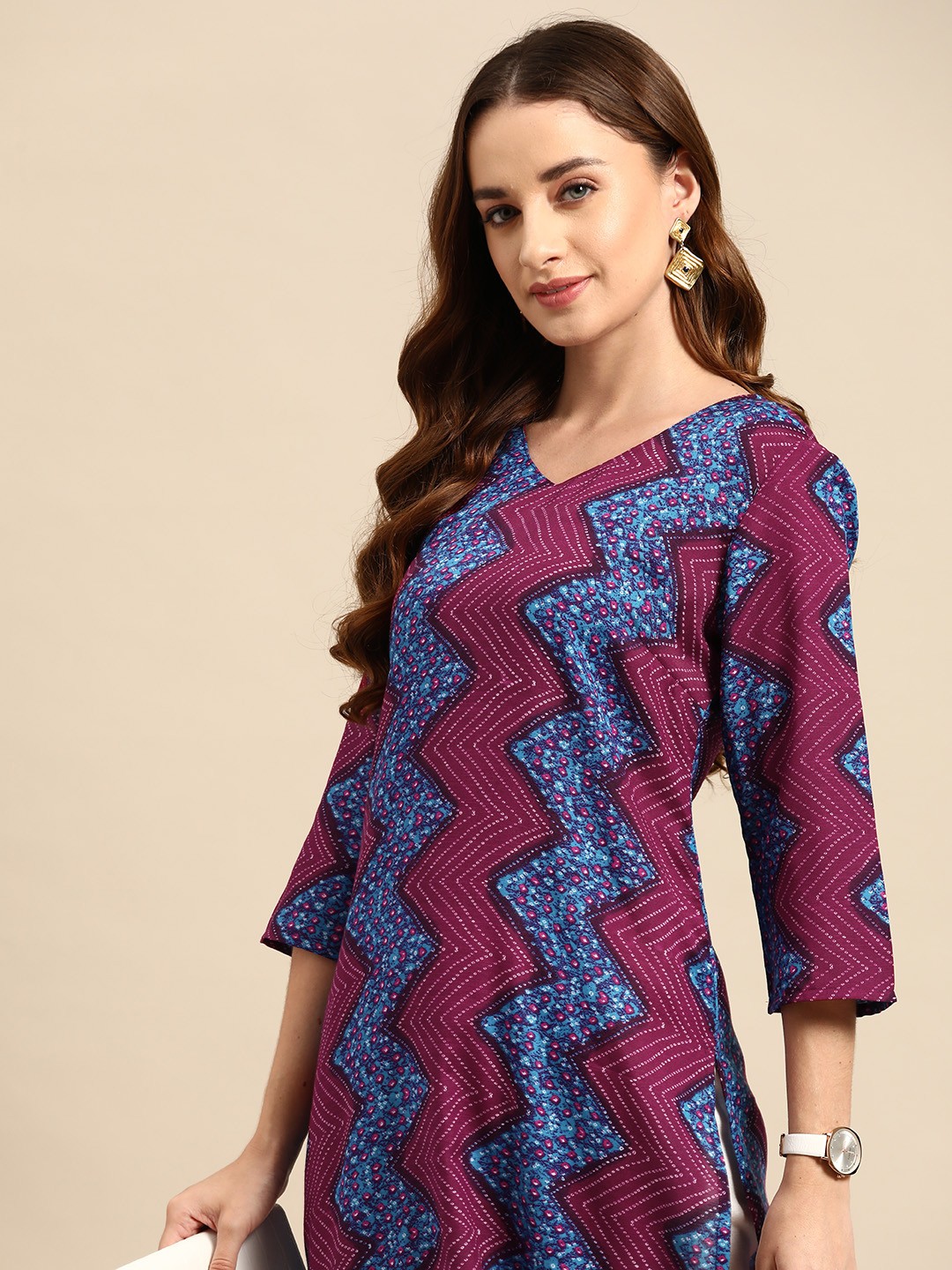 

Anouk Chevron Print Straight Kurta, Pink