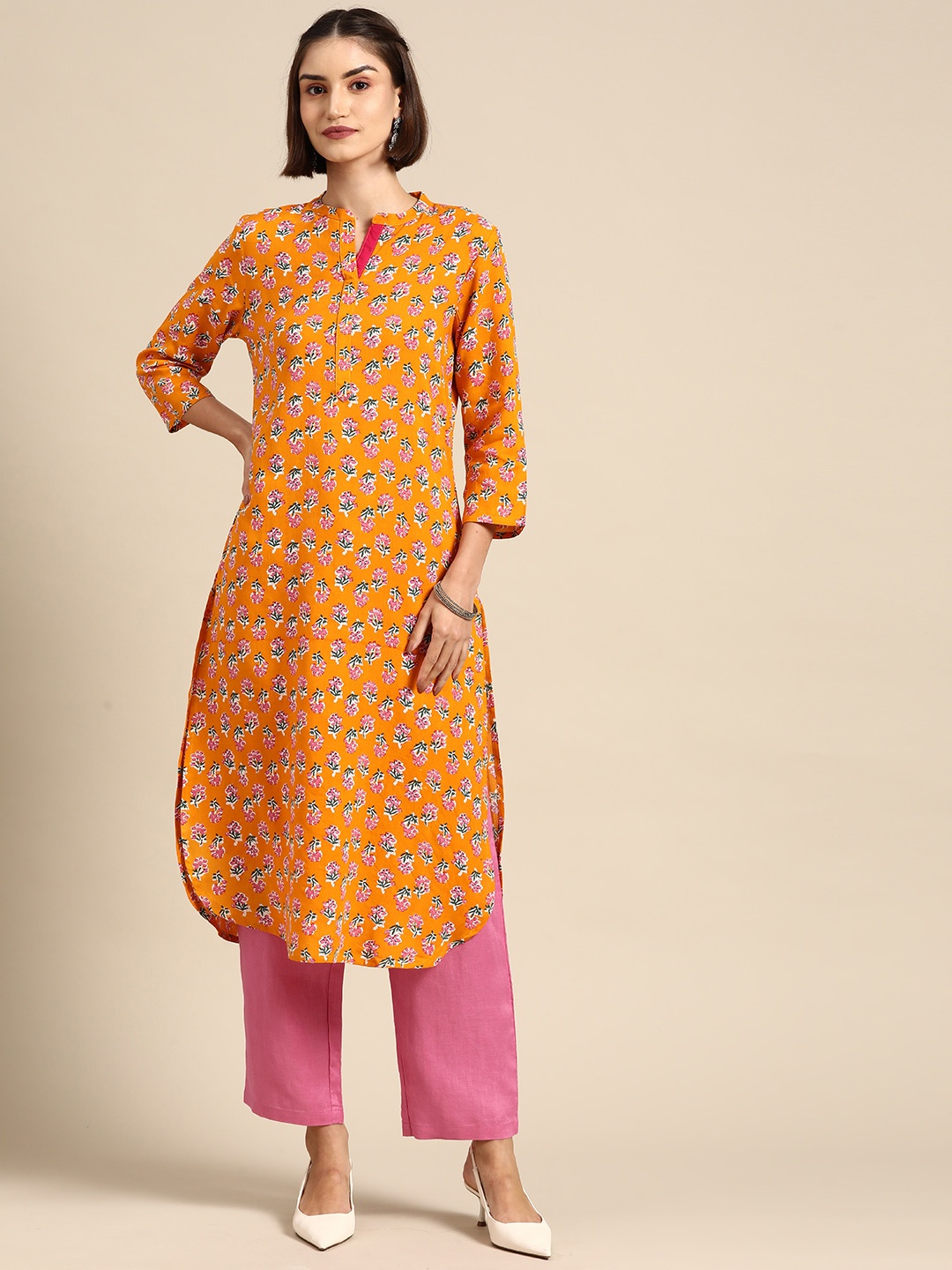 

Anouk Floral Print Straight Kurta, Mustard