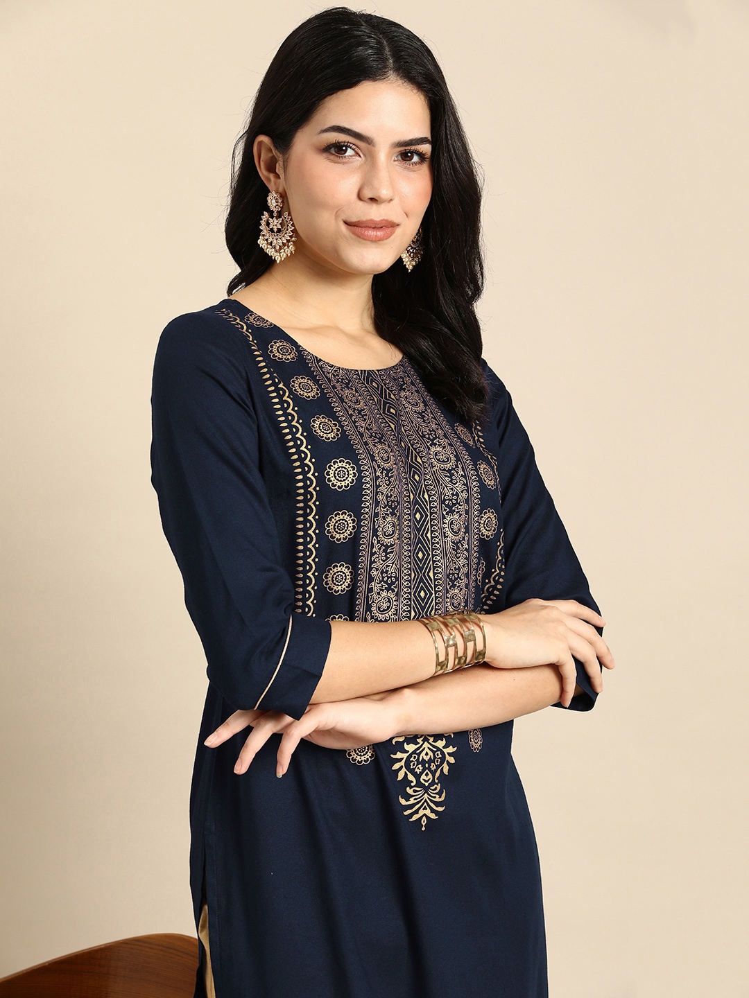 

Anouk Ethnic Motifs Printed Yoke Design Kurta, Navy blue