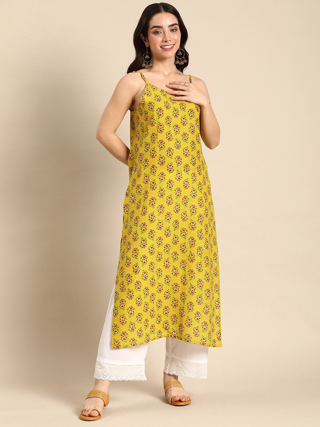 

Anouk Shoulder Straps Floral Printed Straight Kurta, Mustard