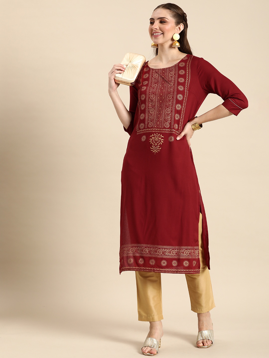 

Anouk Ethnic Motifs Printed Knee Length Kurta, Maroon