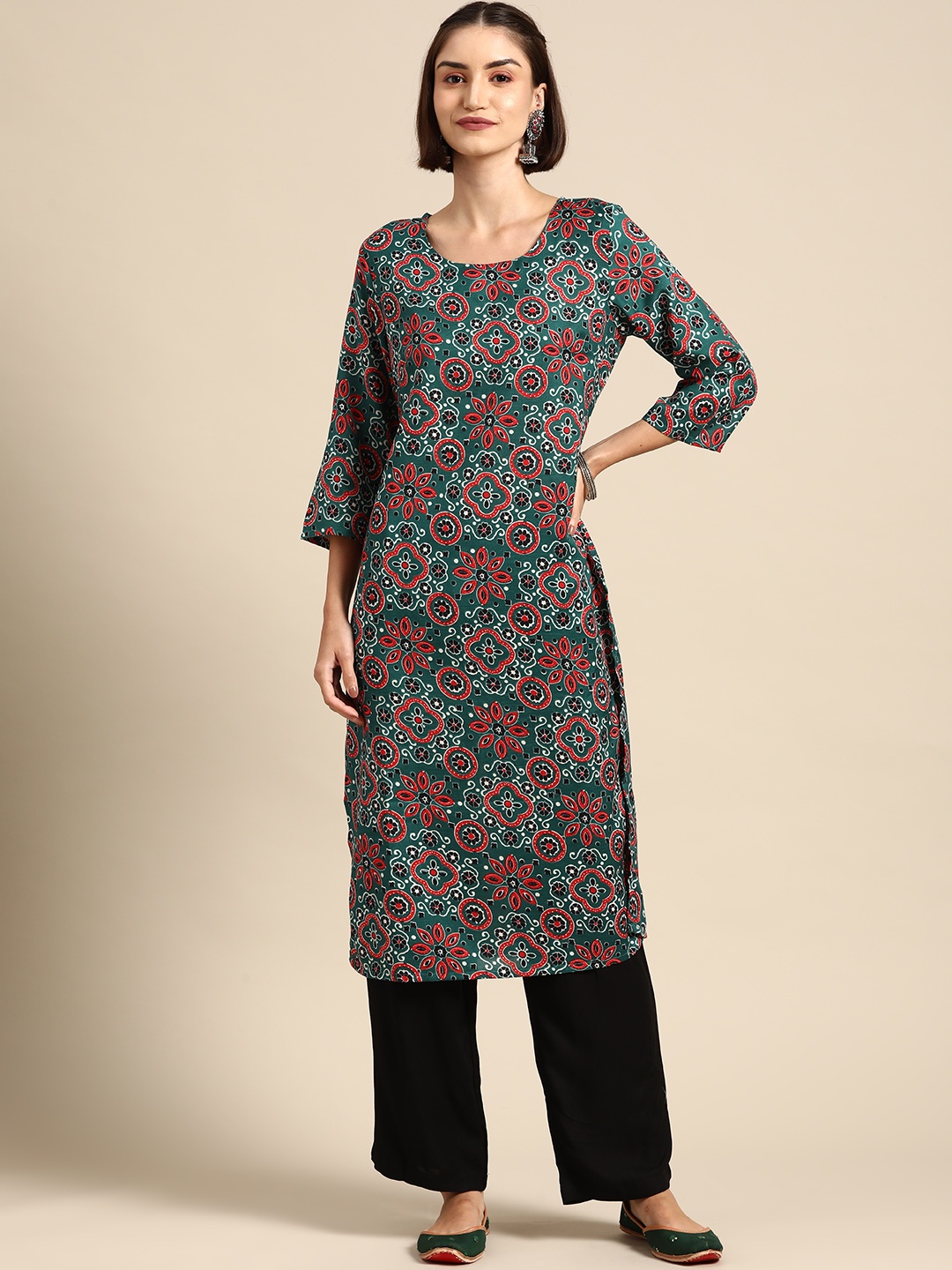 

Anouk Women Ethnic Motifs Printed V-Neck Straight Kurta, Green