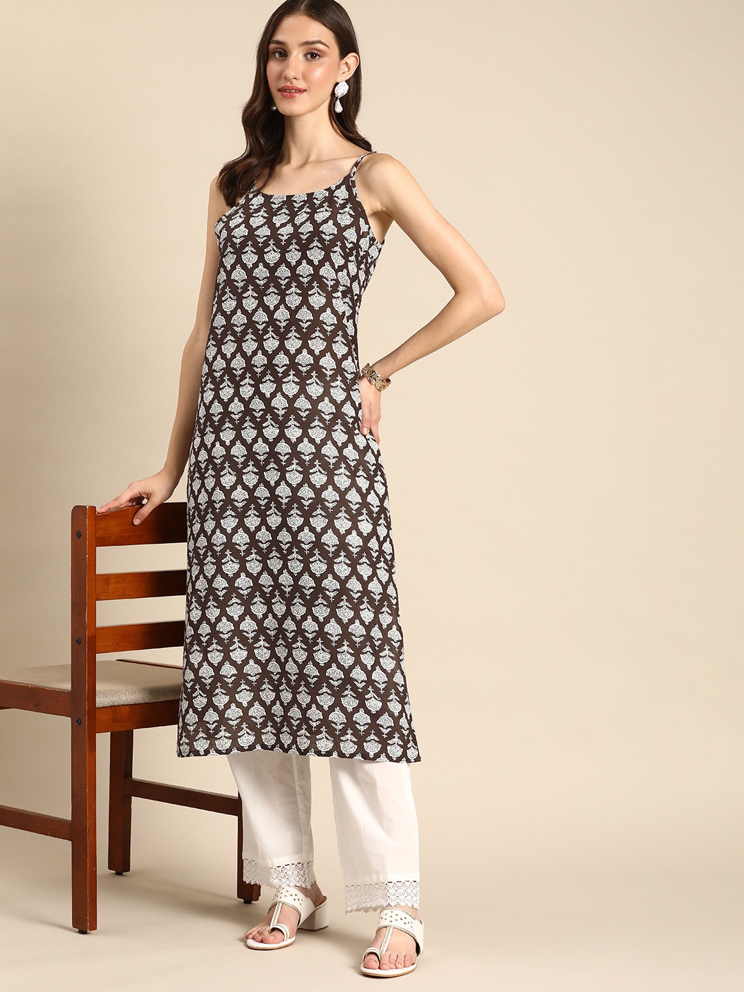 

Anouk Shoulder Straps Floral Printed Straight Kurta, Coffee brown