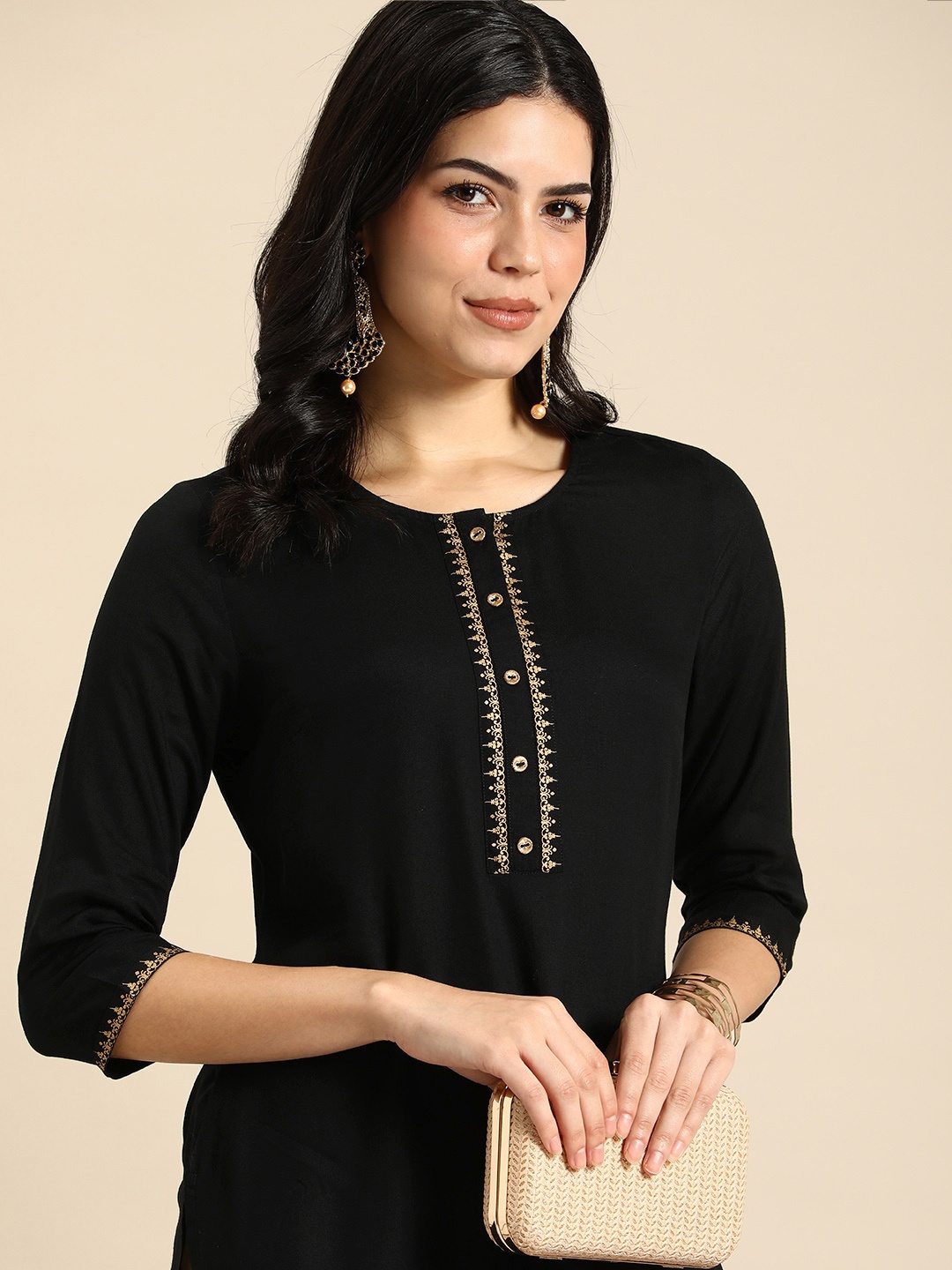 

Anouk Solid Round Neck Straight Knee Length Kurta, Black
