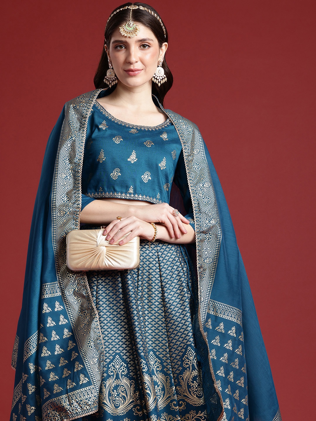 

Anouk Ethnic Printed Ready to Wear Lehenga & Blouse With Dupatta, Teal