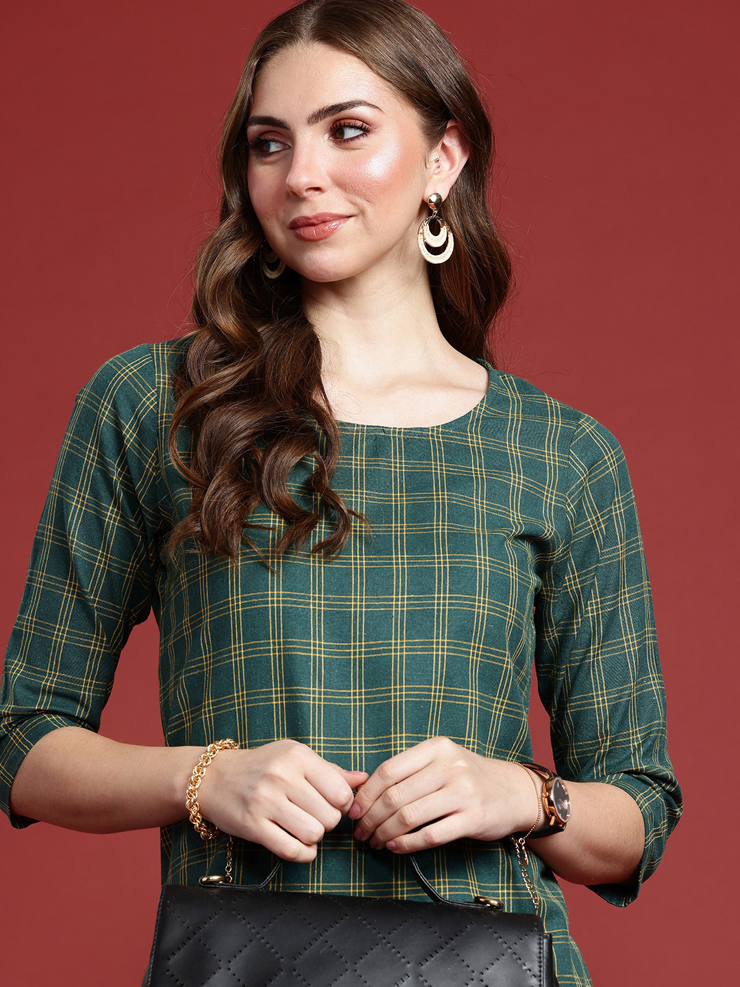 

Anouk Round Neck Checked Knee Length Straight Kurta, Green