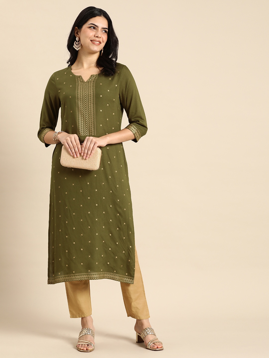 

Anouk Geometric Printed Straight Kurta, Olive