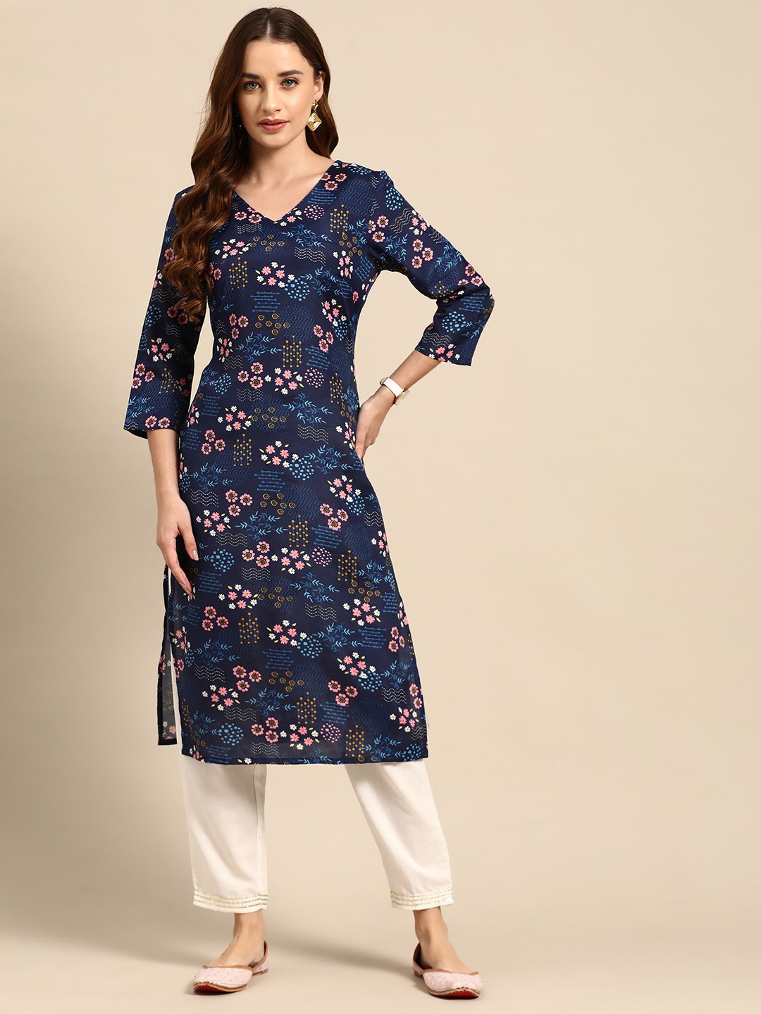 

Anouk Floral Print Straight Kurta, Navy blue