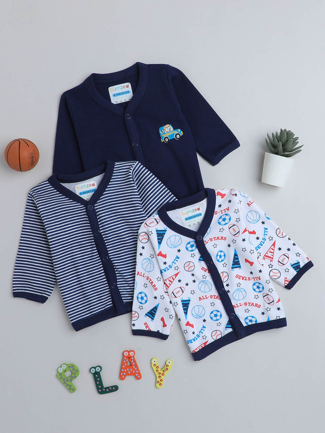 

BUMZEE Infant Boys Pack Of 3 Printed Cotton Jhablas, Navy blue