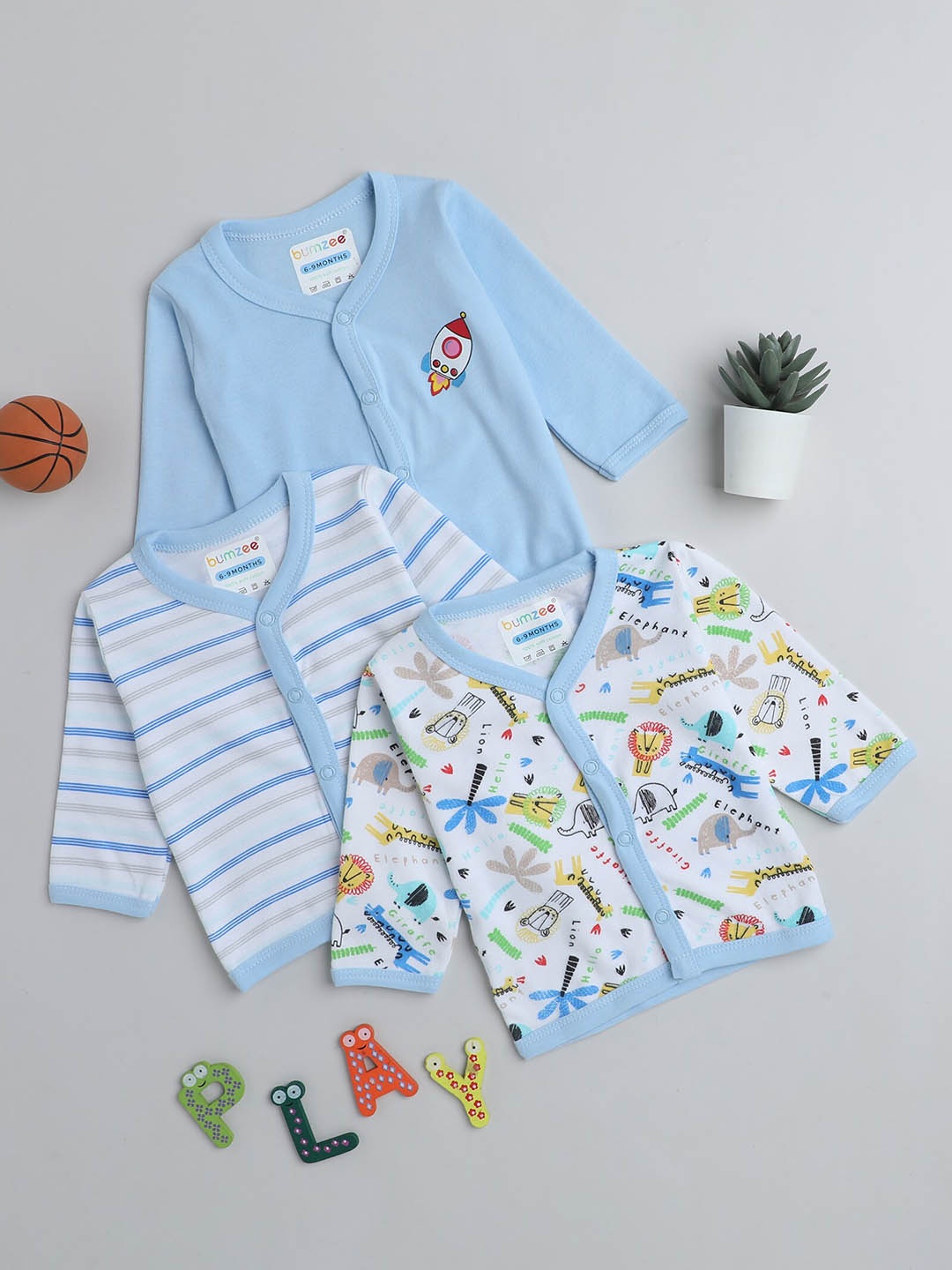 

BUMZEE Infant Boys Pack Of 3 Printed Cotton Jhablas, Blue