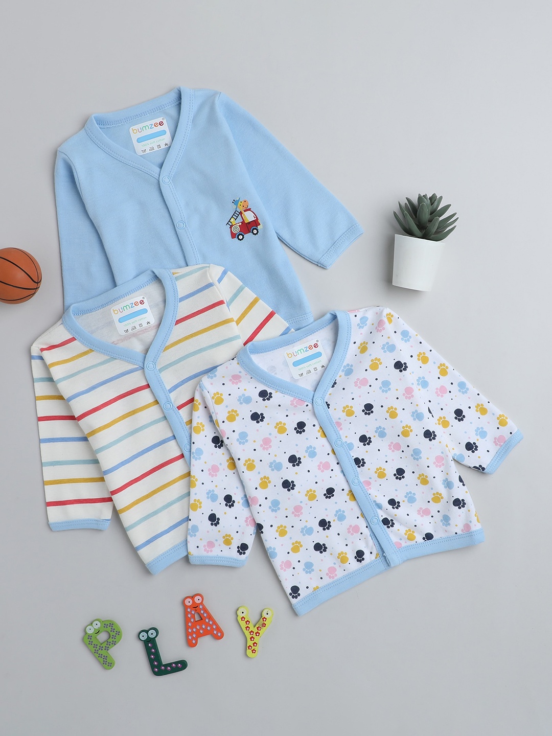 

BUMZEE Infant Girls Pack Of 3 Printed Cotton Long Sleeves Jablas, Blue