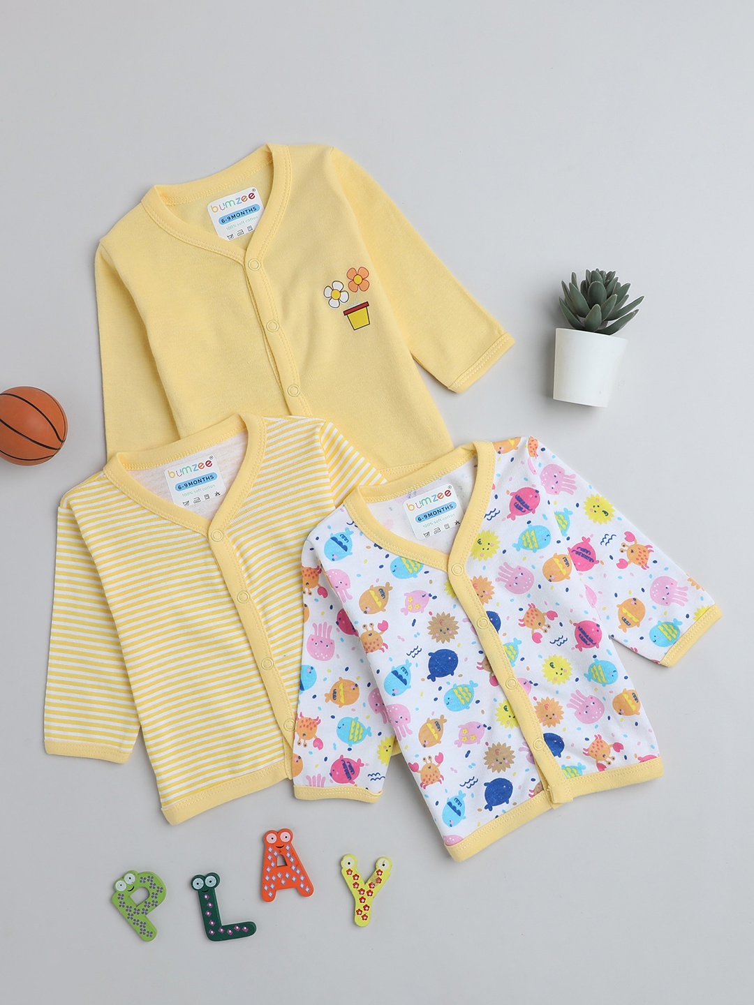 

BUMZEE Infants Girls Pack Of 3 Printed Cotton Jhablas, Yellow