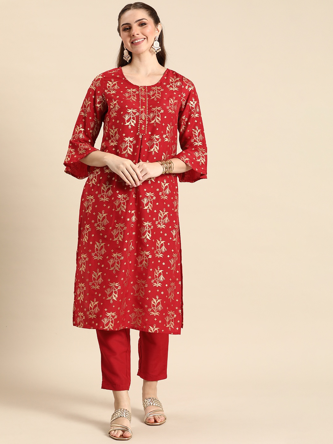

Anouk Ethnic Motifs Printed Regular Kurta with Trousers, Red