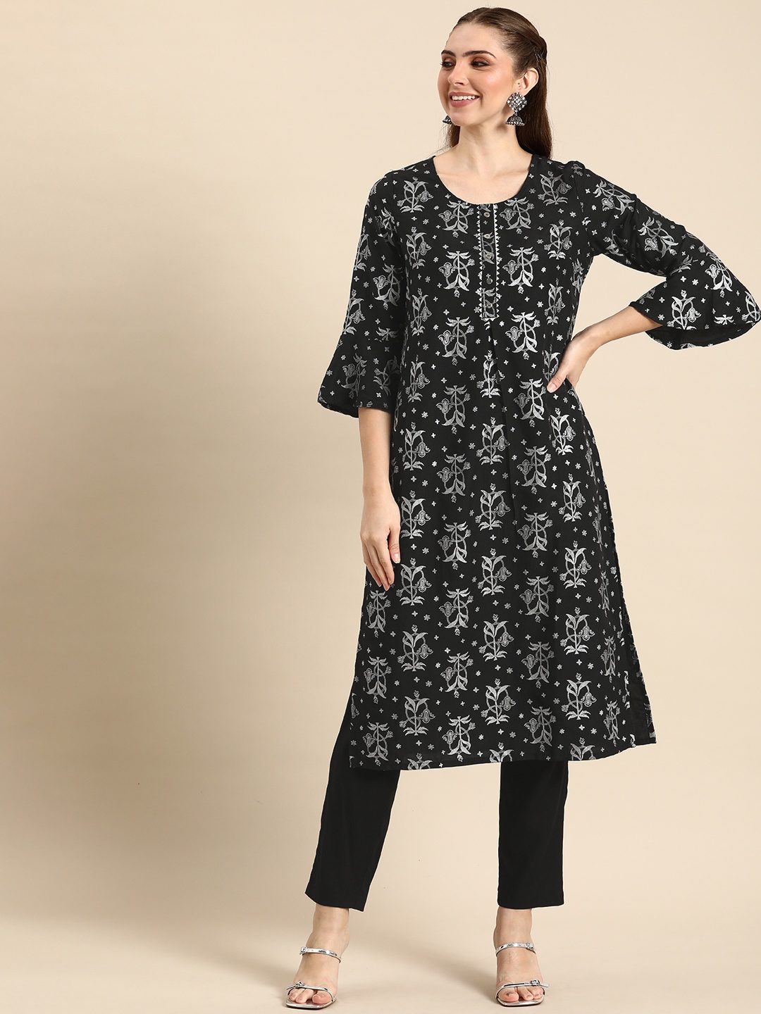 

Anouk Ethnic Motifs Printed Regular Kurta with Trousers, Black