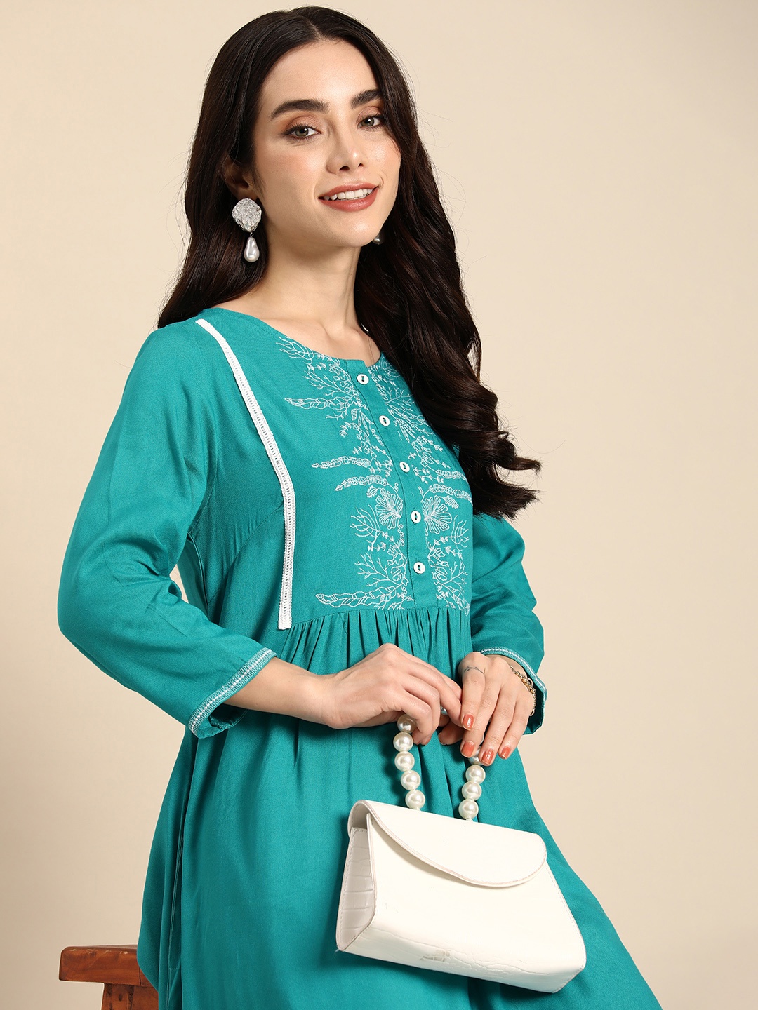 

Anouk Floral Yoke Design A-Line Kurta, Blue