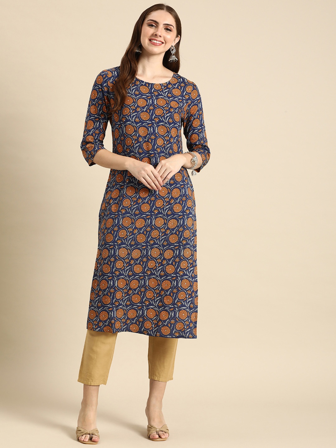 

Anouk Ethnic Motifs Printed Kurta, Navy blue