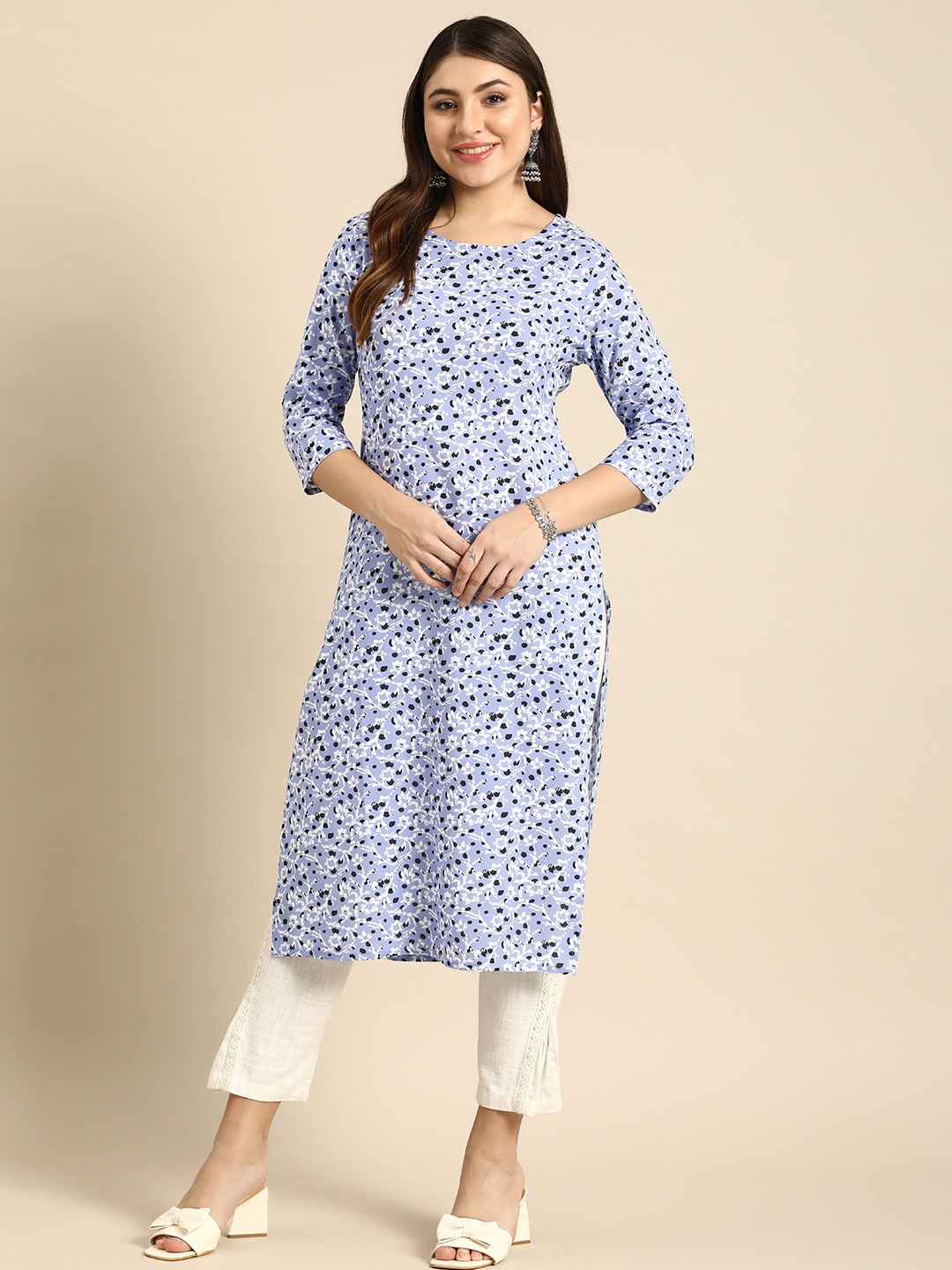 

Anouk Cotton Abstract Printed High Slit Straight Kurta, Blue