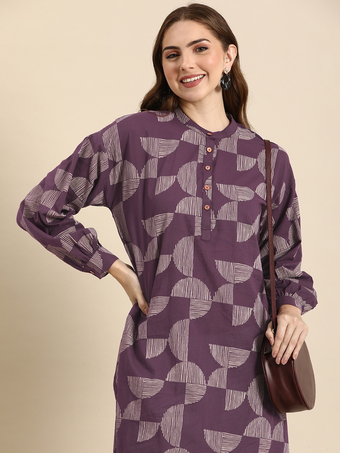 

Anouk Pure Cotton Geometric Printed Band Collar Kurta, Purple
