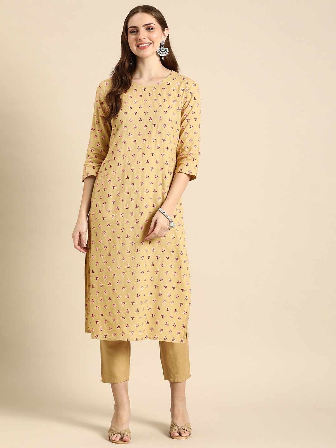

Anouk Floral Printed High Slit Straight Kurta, Beige