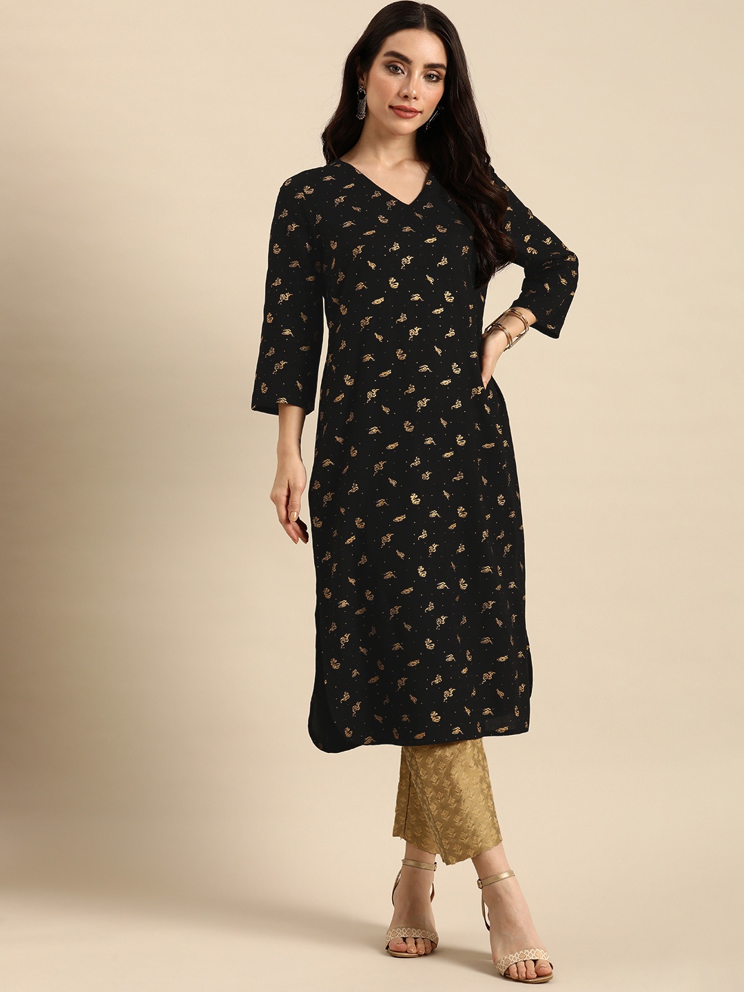 

Anouk V-Neck Abstract Printed Kurta, Black