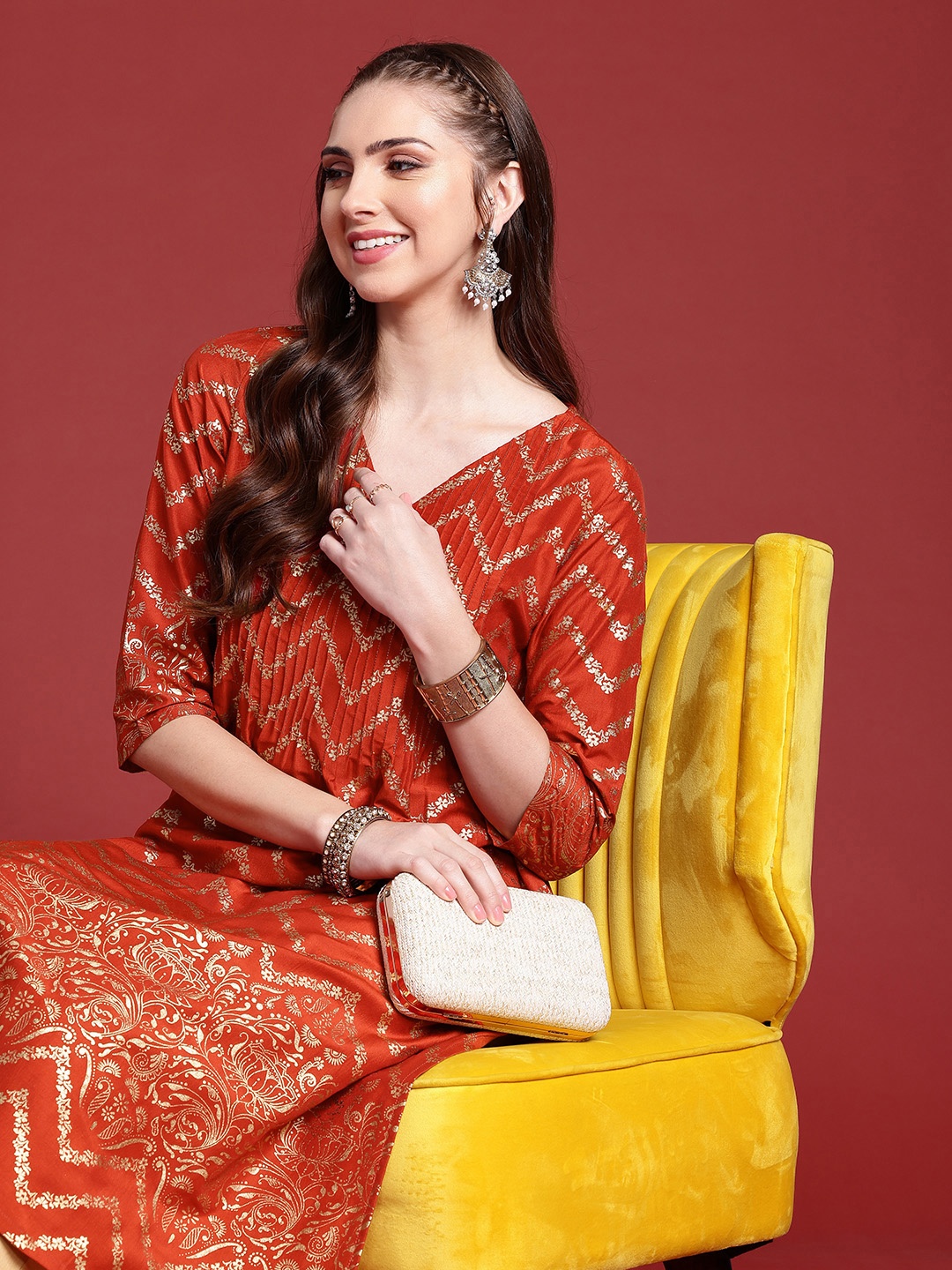 

Anouk Floral Chevron Foil Printed Kurta, Rust