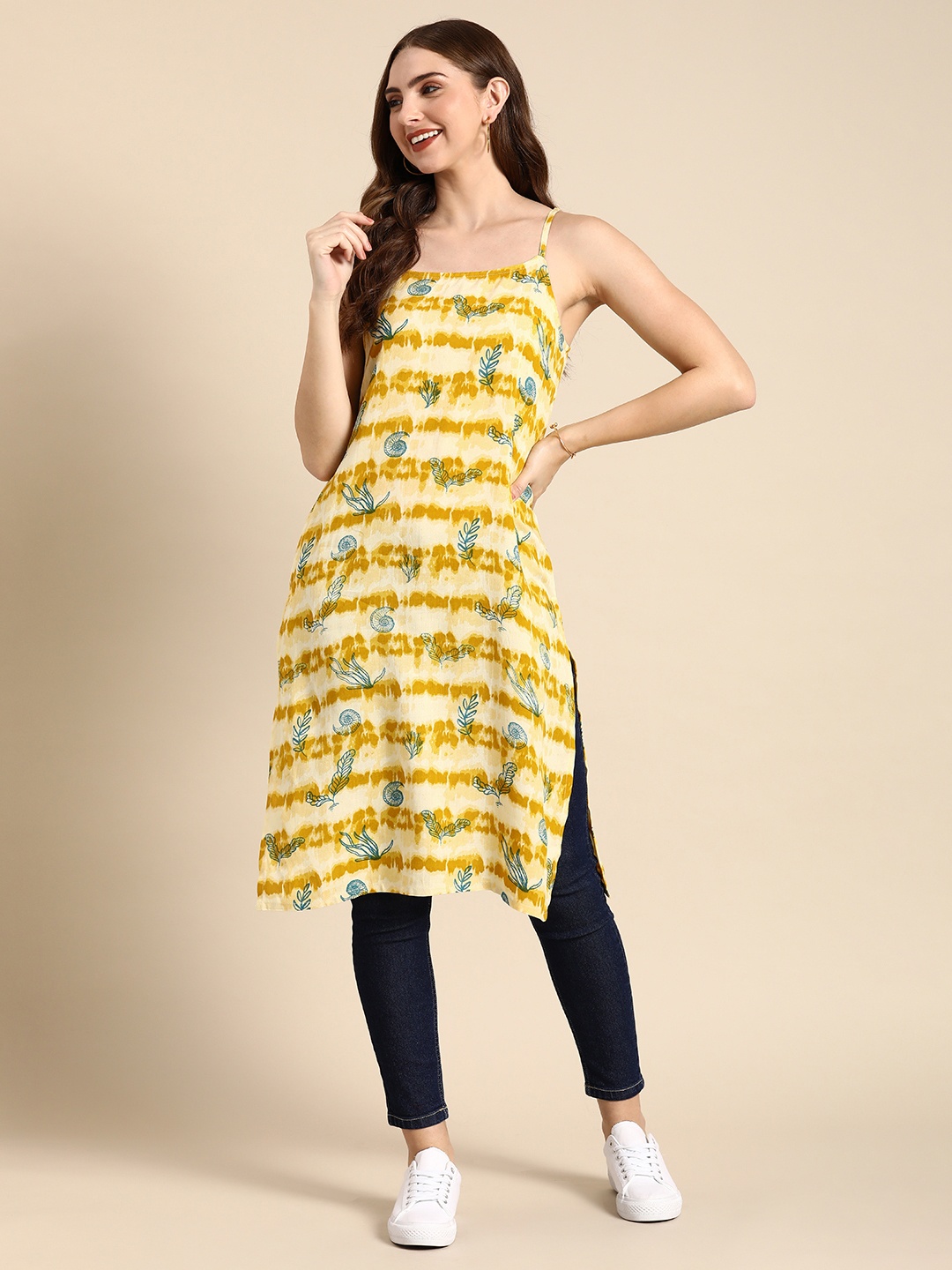 

Anouk Shoulder Straps Printed Straight Kurta, Mustard