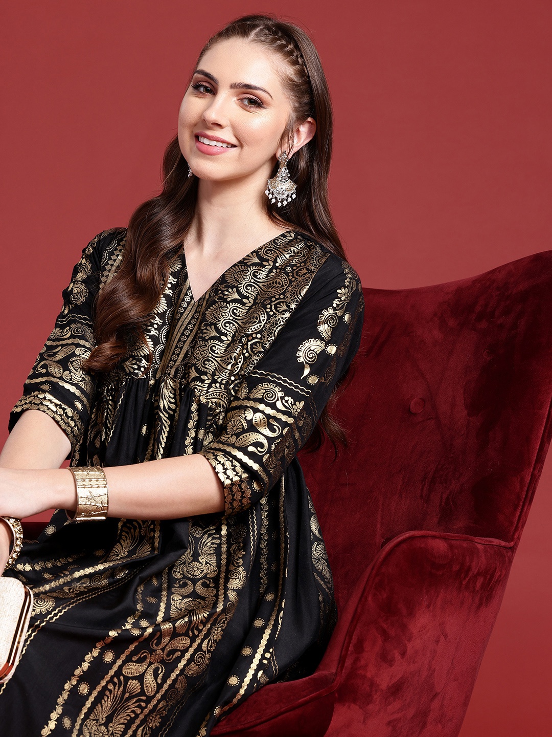 

Anouk Ethnic Motifs Printed A-line Kurta, Black