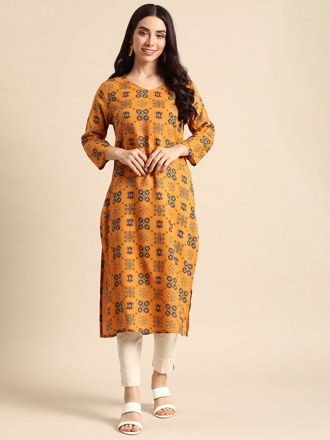 

Anouk Ethnic Motifs Printed Pure Cotton Kurta, Mustard