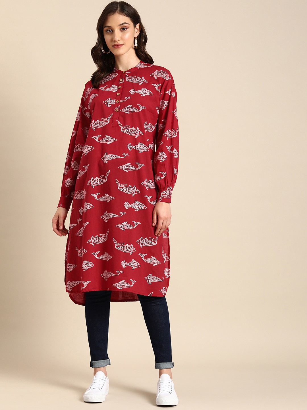 

Anouk Ethnic Motifs Printed Pure Cotton A-Line Kurta, Red