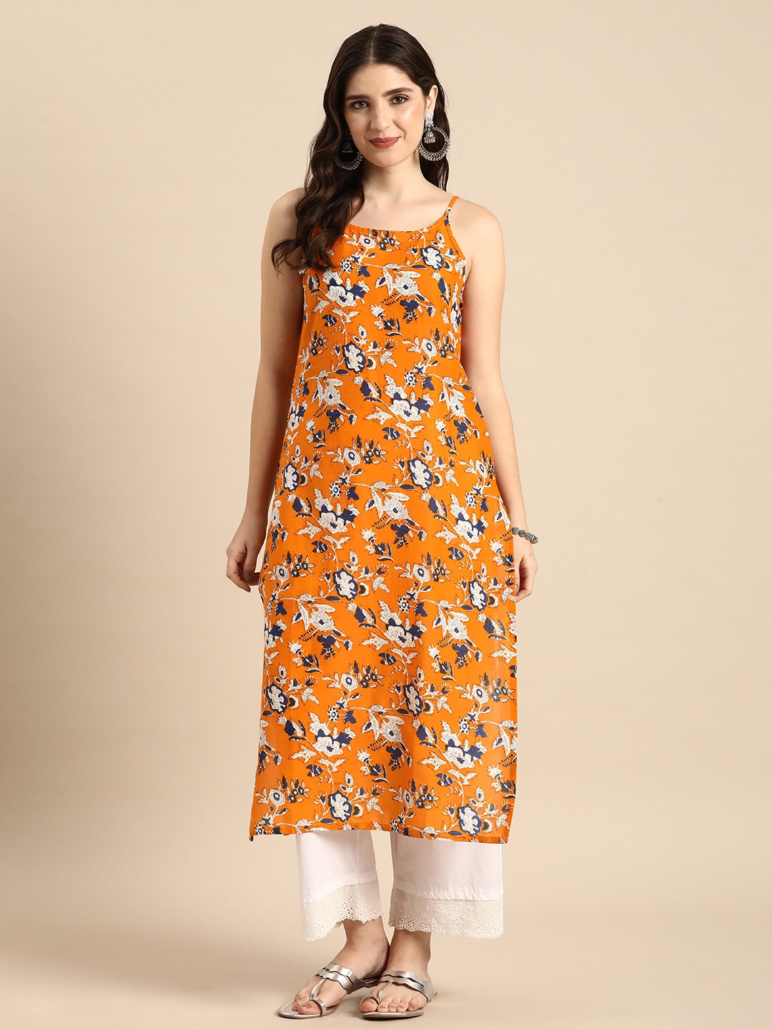 

Anouk Ethnic Motifs Printed Sleeveless Pure Cotton Straight Kurta, Orange
