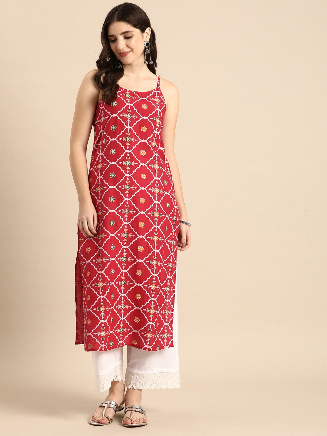 

Anouk Ethnic Motifs Printed Sleeveless Pure Cotton Straight Kurta, Red