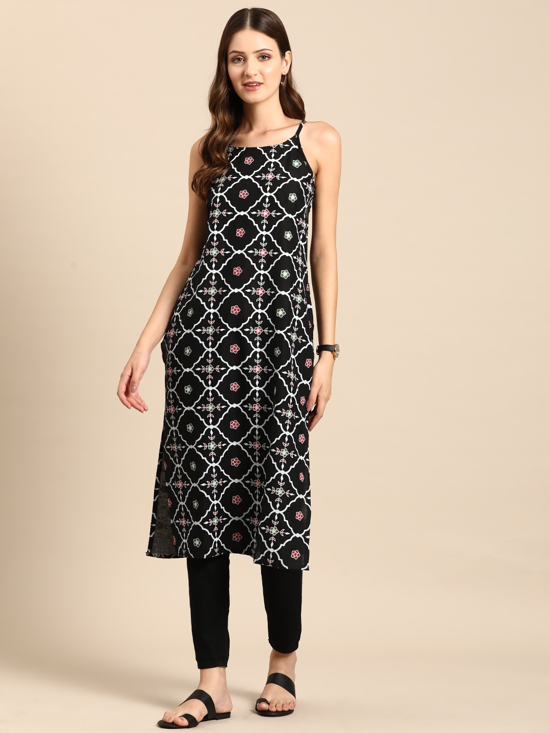 

Anouk Pure Cotton Ethnic Motifs Printed Straight Kurta, Black