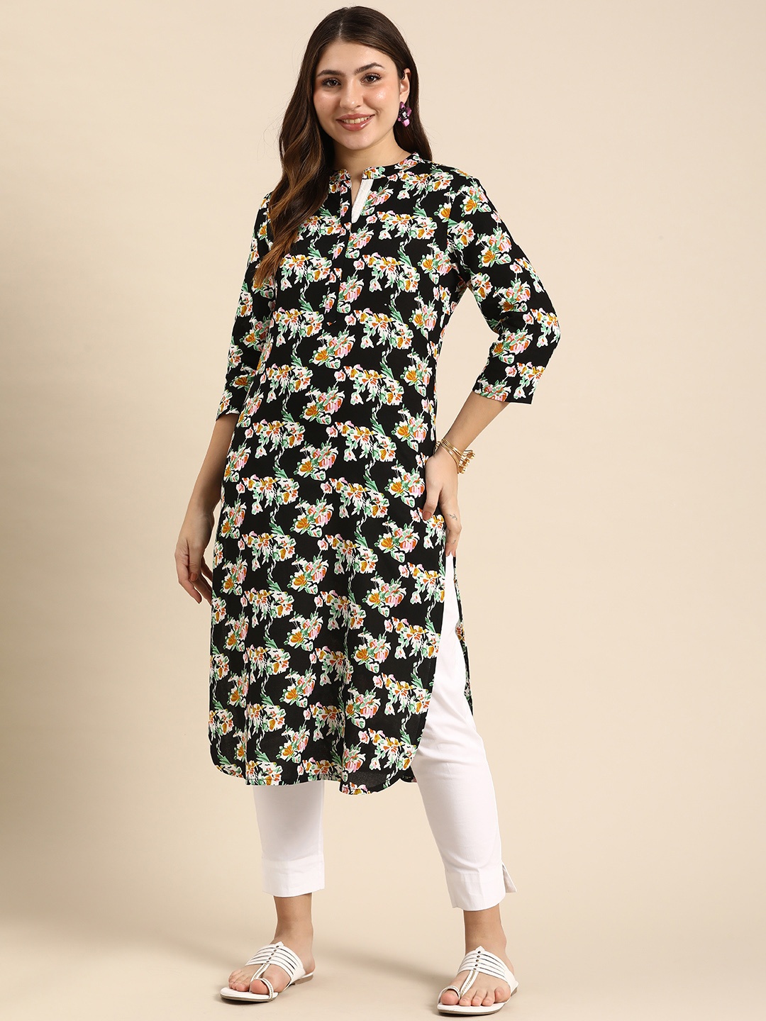 

Anouk Floral Printed Mandarin Collar Casual Kurta, Black