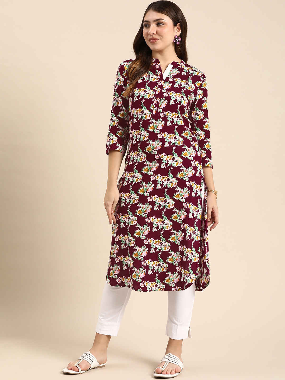 

Anouk Floral Printed Mandarin Collar Casual Kurta, Magenta